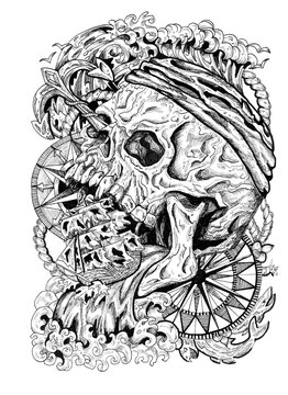 recommend clip art: Black and white nautical emblem with pirate skull and old sailing ship. Esoteric, occult and gothic illustration, Halloween mystic background, engraved outline drawing, tattoo vintage print.