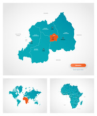 Editable template of map of Rwanda with marks. Rwanda on world map and on Africa map.