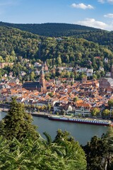 Fototapeta na wymiar Aerial view of the red tiled roof buildings. Top view of the historic center Heidelberg city in Germany. Cathedral in the center. Town on the river. Blue sky background copy space.
