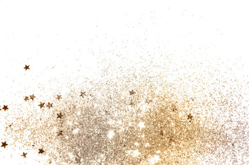 Golden glitter and glittering stars on white background