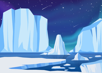 Vector Arctic ice landscape with iceberg, aurora borealis, light, sea, night sky, hills and snow mountains. Polar night illustration. Greenland, Arctic or Antarctic concept. Glacier arctic landscape