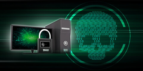 3d illustration Safety concept: Closed Padlock with computer pc on digital background