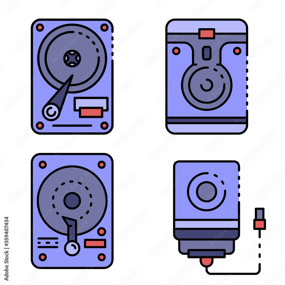 Poster hard disk icons set. outline set of hard disk vector icons thin line color flat on white