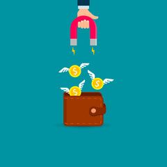 Hand use magnet to stealing money from purse. Vector business illustration, business concept