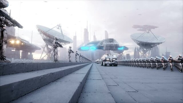 invasion of military robots. Dramatic apocalypse super realistic concept. Future. 4k animation.