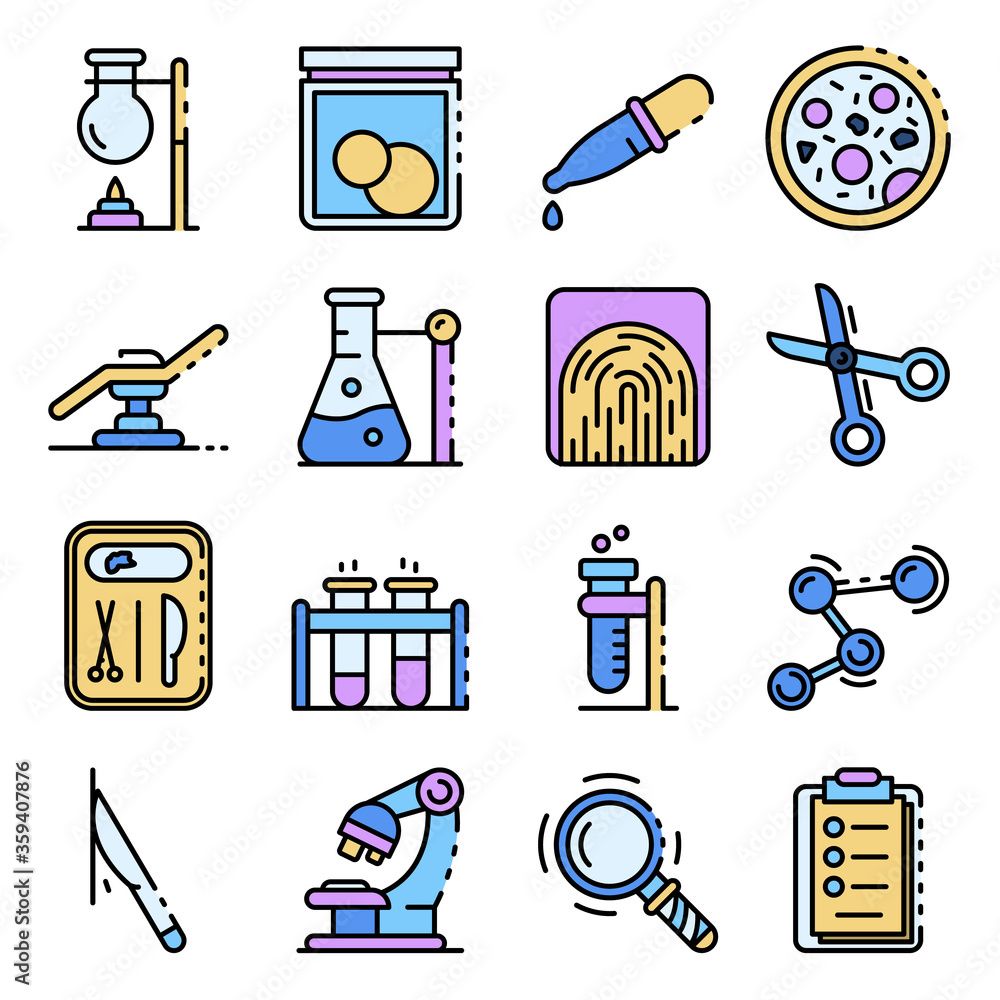 Poster forensic laboratory icons. illustration of forensic laboratory vector icons thin line color flat on 