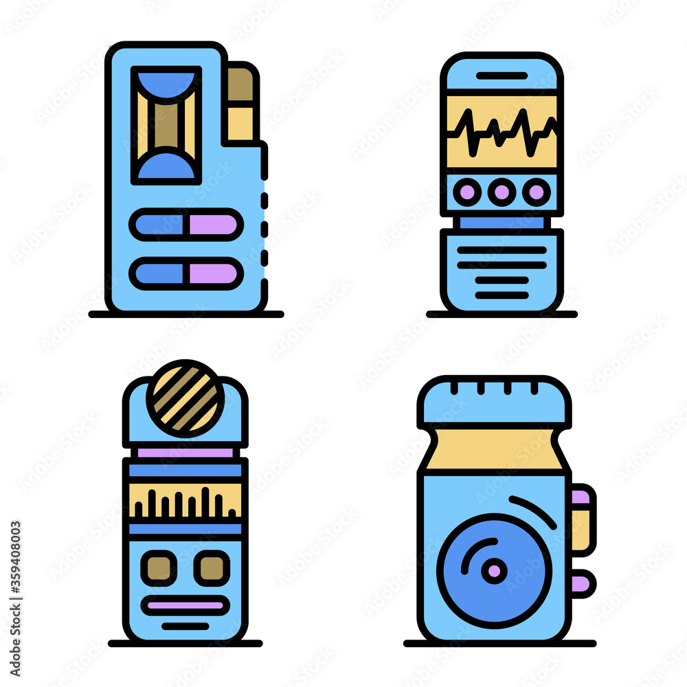 Poster dictaphone icons set. outline set of dictaphone vector icons thin line color flat on white