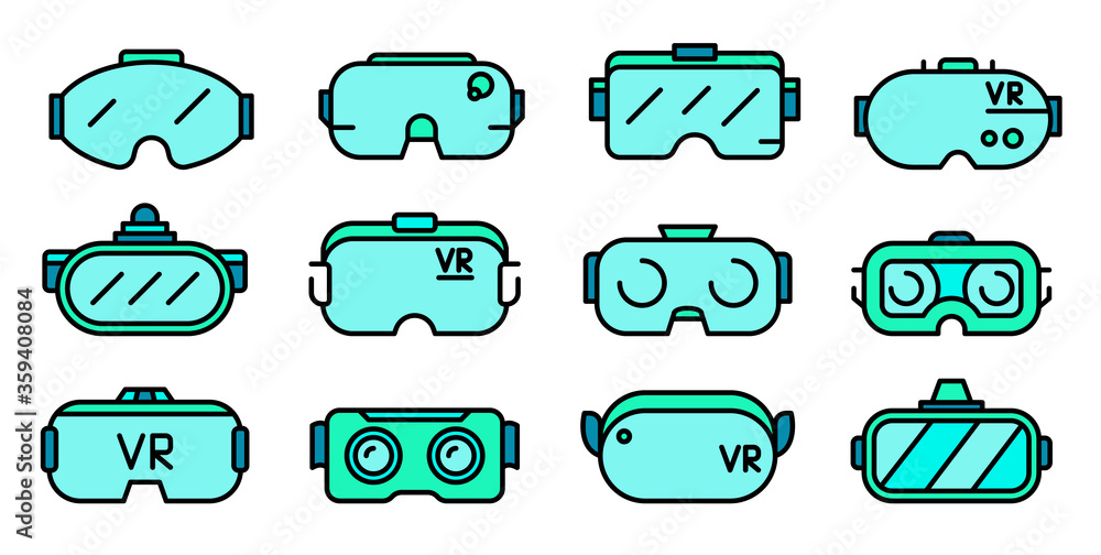Poster game goggles icons set. outline set of game goggles vector icons thin line color flat on white