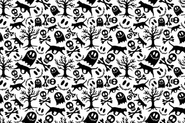 Halloween seamless white skull, cat, tree on white background. They are suitable for fabric, packaging, decor, postcards, background.