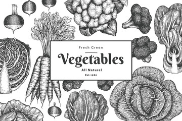 Hand drawn sketch vegetables design. Organic fresh food vector banner template. Vintage vegetable background. Engraved style botanical illustrations.