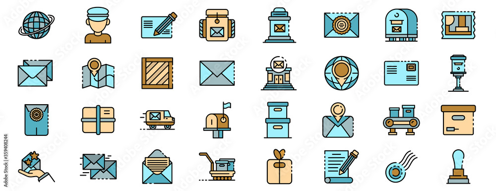 Poster Postman icons set. Outline set of postman vector icons thin line color flat on white