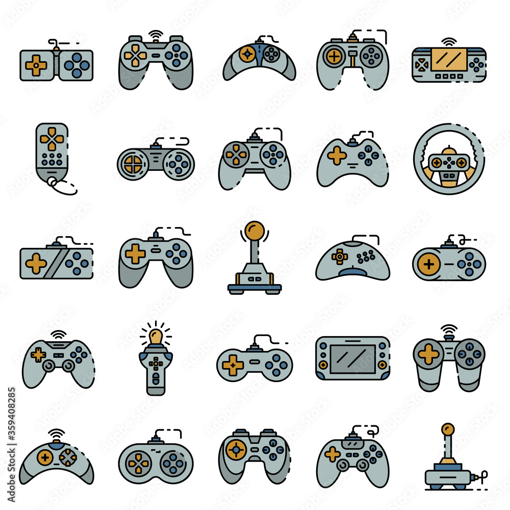 Poster joystick icons set. outline set of joystick vector icons thin line color flat on white