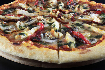 pizza on a wooden table
