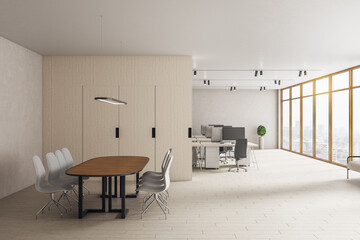 Modern coworking loft office room with computers