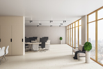 Modern coworking office interior with computers on table a