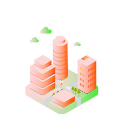 Isometric smart city vector illustration with modern buildings, trees, streets, clouds and girl. UI design mockup. High-rise buildings design.