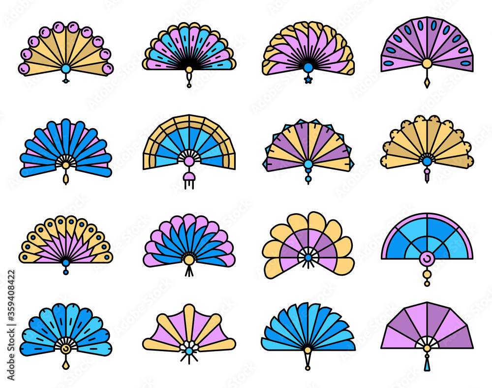 Poster handheld fan icons set. outline set of handheld fan vector icons thin line color flat on white