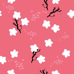 Seamless background with cherry blossoms. A pink flower hand-drawn by ink . Spring floral background for invitation or fabric. Vector illustration