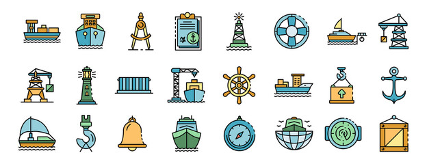 Marine port icons set. Outline set of marine port vector icons thin line color flat on white