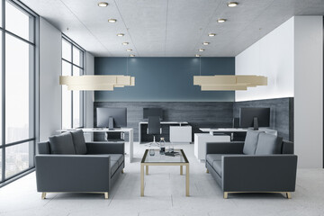 Luxury office and waiting room with sofa and megapolis city view.