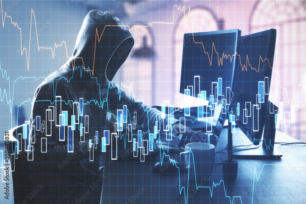 Poster Hacker using computer with business chart