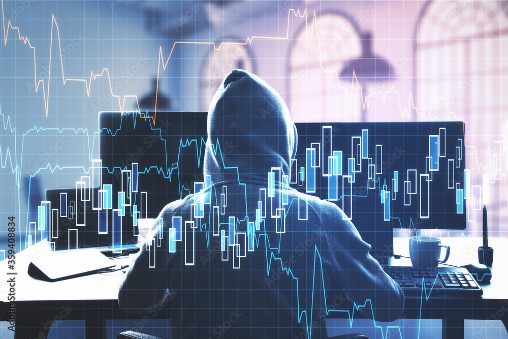 Poster Hacker using computers with business chart and financial analytics hologram.