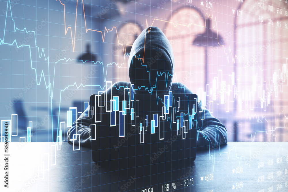 Poster Hacker using computers with stock charts