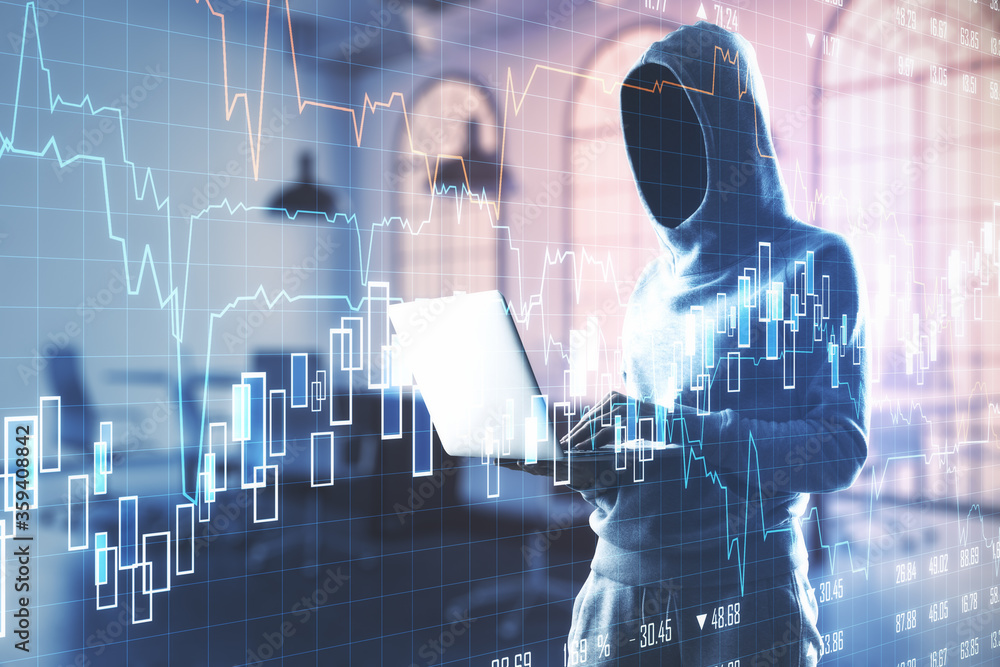 Poster hacker using laptop with business charts