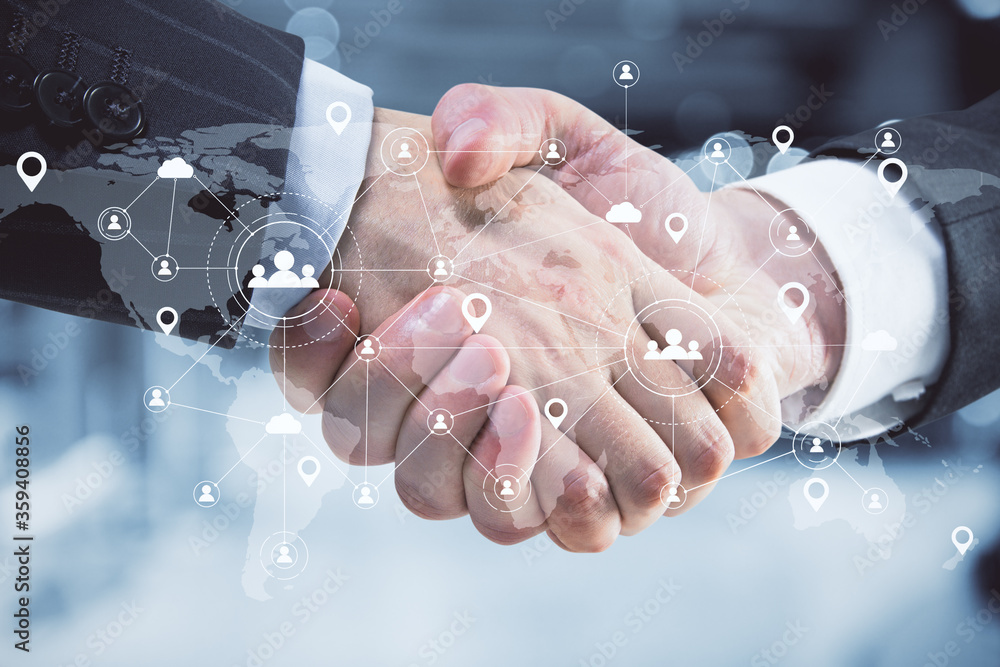 Poster handshake with global glowing connections on digital map.
