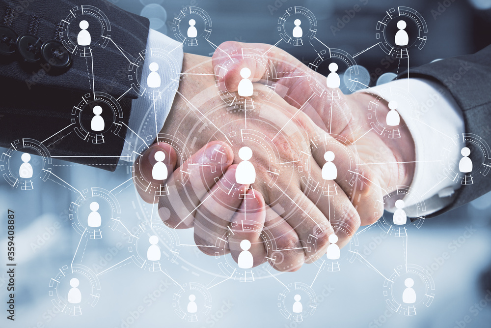 Poster handshake with global glowing human resource interface.