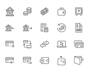 Finance line icon set. Money transfer, bank account, credit card payment cash back minimal vector illustration. Simple outline sign for online banking application. Pixel Perfect Editable Stroke