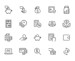 Money income line icon set. Pension fund, profit growth, piggy bank, finance capital minimal vector illustration. Simple outline signs for investment application. Pixel Perfect, Editable Strokes