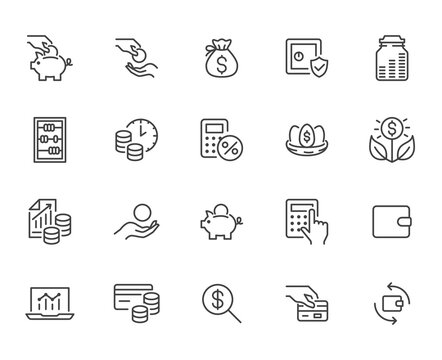 Money income line icon set. Pension fund, profit growth, piggy bank, finance capital minimal vector illustration. Simple outline signs for investment application. Pixel Perfect, Editable Strokes