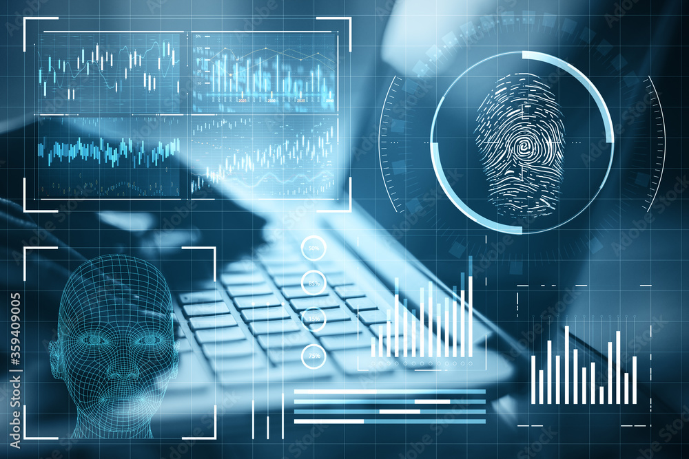 Poster hand using laptop with abstract glowing blue finger print interface