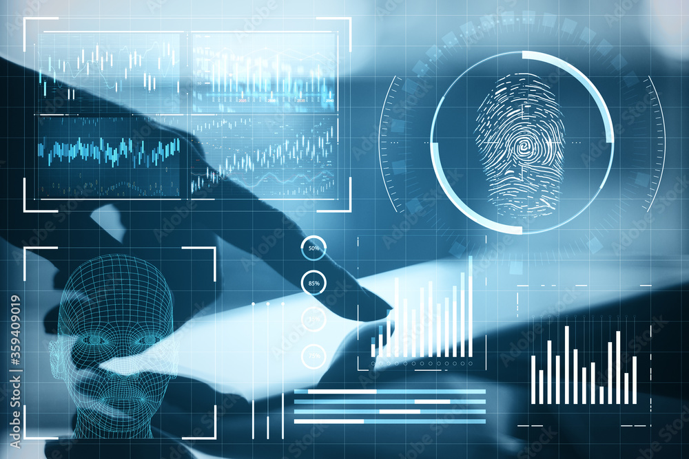 Poster hand using digital laptop with abstract glowing blue finger print interface