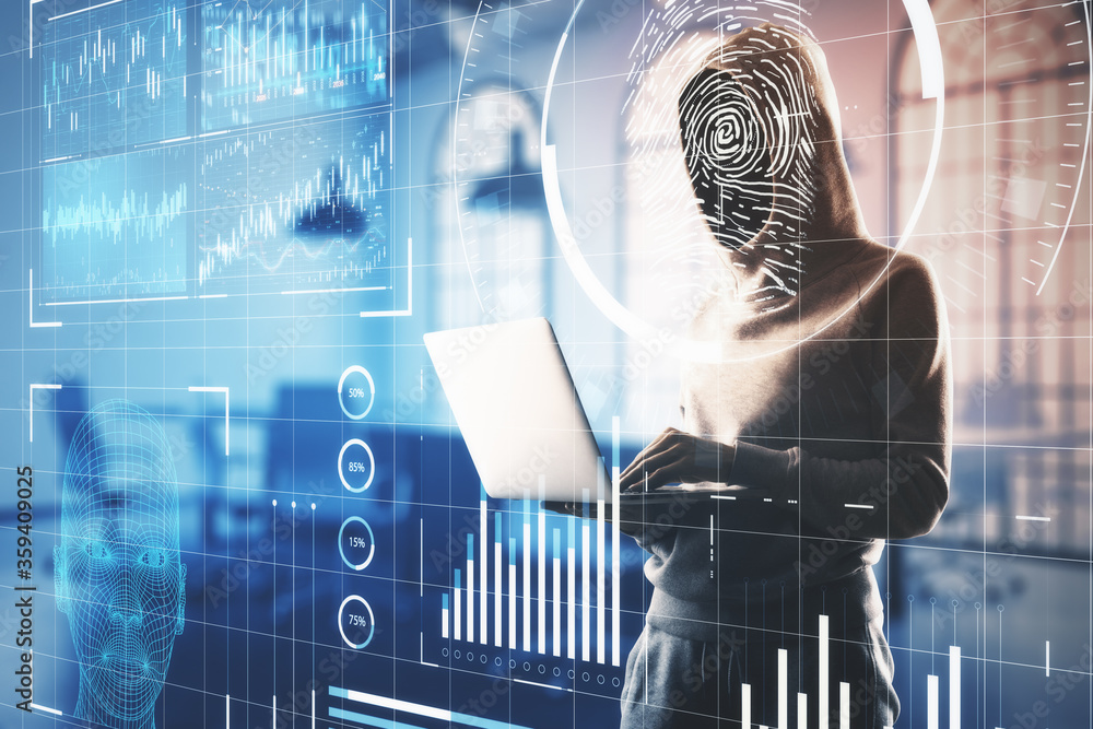 Aufkleber Hacker using laptop with abstract glowing finger print interface