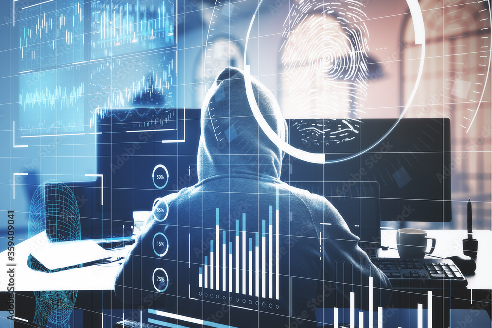 Aufkleber Hacker at desktop using computer with digital business interface