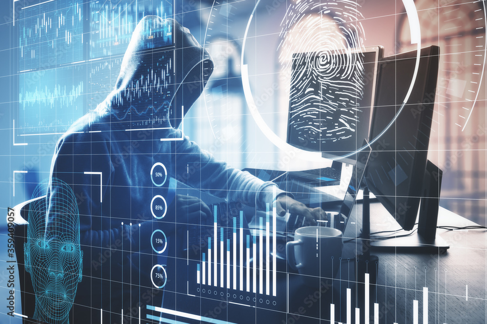 Aufkleber hacker with laptop and digital business interface