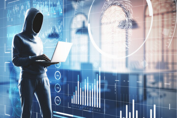 Hacker using laptop with abstract glowing finger print interface