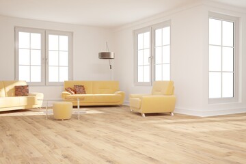 modern room with sofa,armchairs,table and lamp interior design. 3D illustration