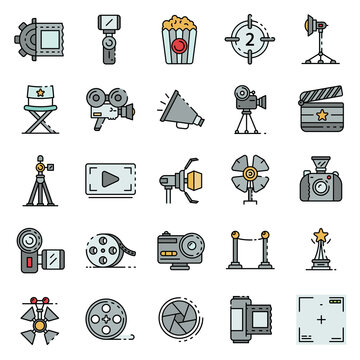 Film production icons set. Outline set of film production vector icons thin line color flat on white