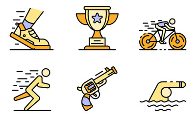 Triathlon icons set. Outline set of triathlon vector icons thin line color flat on white