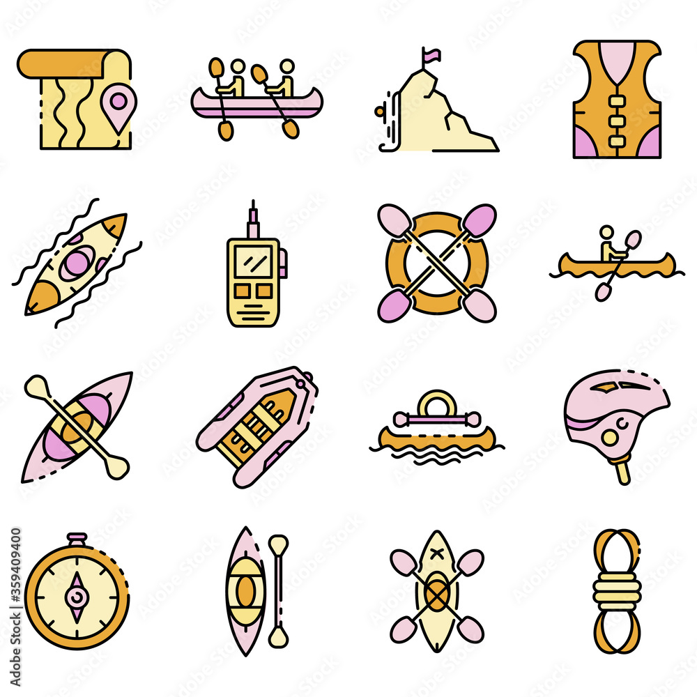 Poster canoeing icons set. outline set of canoeing vector icons thin line color flat on white