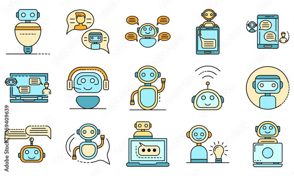 Poster chatbot icons set. outline set of chatbot vector icons thin line color flat on white