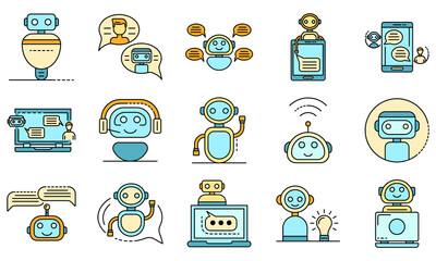 Chatbot icons set. Outline set of chatbot vector icons thin line color flat on white