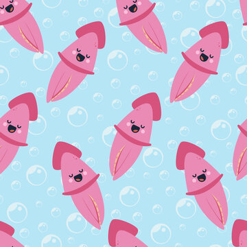 Squid vector cartoon seamless pattern on a white background.