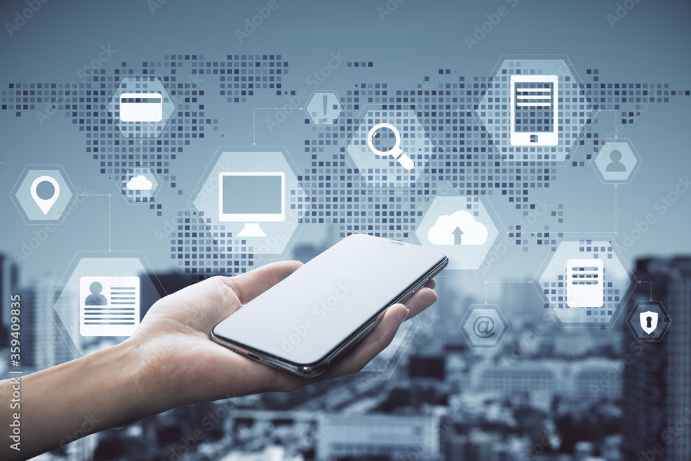 Poster hand using mobile phone with digital business interface