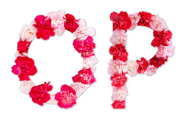 flower font alphabet O P set (collection A-Z), made from real Carnation flowers pink, red color...