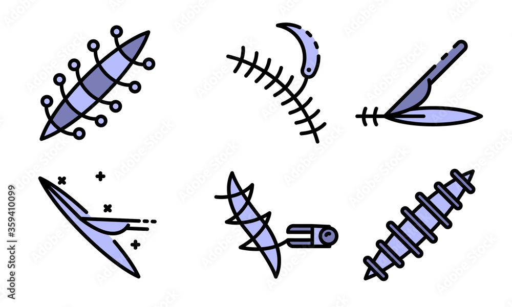 Poster suture icons set. outline set of suture vector icons thin line color flat on white