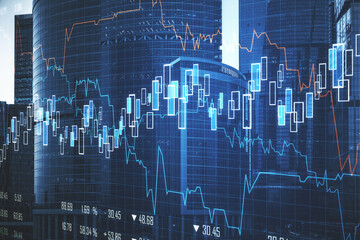 Glowing stock chart on blurry night  city background.